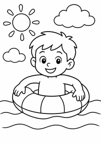 Schwimmer mit Schwimmring ist ein sehr einfaches kostenloses A4-Ausmalbild für Kinder von 6 bis 7 Jahren, mit klaren schwarzen Konturen und großen Flächen zum Ausmalen.