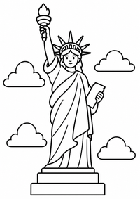 Freiheitsstatue mit Wolken ist ein sehr einfaches kostenloses A4-Ausmalbild für Kinder von 6 bis 7 Jahren, mit klaren schwarzen Konturen und großen Flächen zum Ausmalen.