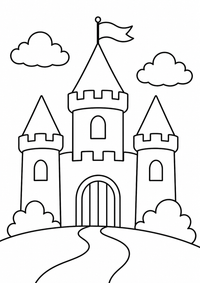 Burg mit Fahne ist ein sehr einfaches kostenloses A4-Ausmalbild für Kinder von 6 bis 7 Jahren, mit klaren schwarzen Konturen und großen Flächen zum Ausmalen.