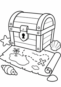 Piratenschatz mit Karte ist ein sehr einfaches kostenloses A4-Ausmalbild für Kinder von 6 bis 7 Jahren, mit klaren schwarzen Konturen und großen Flächen zum Ausmalen.
