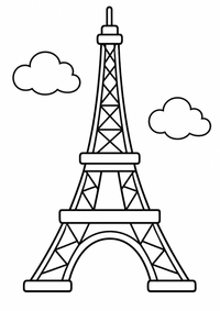 Eiffelturm mit Wolken ist ein sehr einfaches kostenloses A4-Ausmalbild für Kinder von 6 bis 7 Jahren, mit klaren schwarzen Konturen und großen Flächen zum Ausmalen.