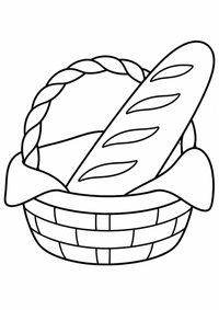 Baguette im Korb ist ein sehr einfaches kostenloses A4-Ausmalbild für Kinder von 6 bis 7 Jahren, mit klaren schwarzen Konturen und großen Flächen zum Ausmalen.
