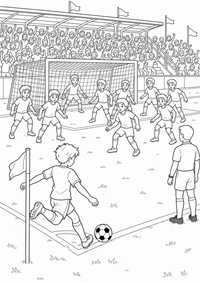 Eckball im Fussballspiel is a free printable Fussball coloring page with clear black outlines for A4.