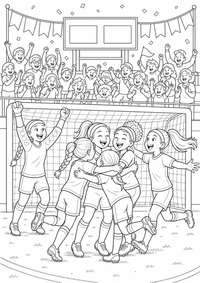 Mädchen feiern ein Fussballtor ist ein kostenloses A4-Ausmalbild mit klaren schwarzen Konturen zum Ausdrucken.