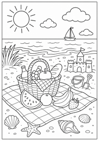 Eine Picknickdecke am Strand mit Korb, Obst, Sonnenschirm und Muscheln. Kostenloses Sommer Ausmalbild mit klaren Konturen für Kinder.
