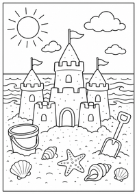 Eine große Sandburg mit Fahnen, Eimer, Schaufel und Wellen im Hintergrund. Kostenloses Sommer Ausmalbild mit klaren Konturen für Kinder.