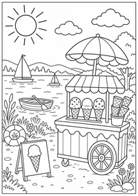 Ein Eisstand am See mit Waffeln, Sonnenschirm und kleinen Booten. Kostenloses Sommer Ausmalbild mit klaren Konturen für Kinder.