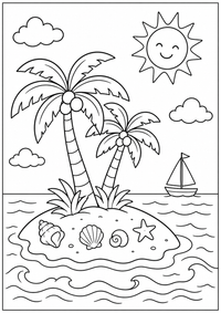 Eine kleine Insel mit Palmen, Muscheln, Sonne und ruhigen Wellen. Kostenloses Sommer Ausmalbild mit klaren Konturen für Kinder.