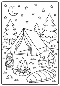 Ein Zeltplatz mit Laterne, Rucksack, Bäumen und Sternen. Kostenloses Sommer Ausmalbild mit klaren Konturen für Kinder.