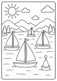 Mehrere Segelboote fahren über einen See mit Wolken und Bergen. Kostenloses Sommer Ausmalbild mit klaren Konturen für Kinder.