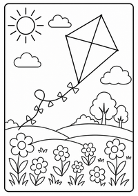 Ein großer Drachen fliegt über einer Wiese mit Blumen und Wolken. Kostenloses Sommer Ausmalbild mit klaren Konturen für Kinder.
