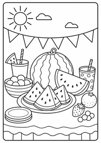 Wassermelonenstücke, Becher, Girlande und sommerliche Muster. Kostenloses Sommer Ausmalbild mit klaren Konturen für Kinder.