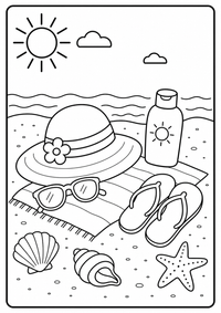 Ein Sonnenhut, Sonnenbrille, Creme und Flip-Flops liegen am Strand. Kostenloses Sommer Ausmalbild mit klaren Konturen für Kinder.