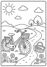 Ein Fahrrad steht an einem Weg mit Blumen, Bergen und Sonne. Kostenloses Sommer Ausmalbild mit klaren Konturen für Kinder.