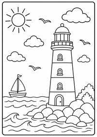 Ein Leuchtturm steht an Felsen mit Wellen, Möwe und Boot. Kostenloses Sommer Ausmalbild mit klaren Konturen für Kinder.