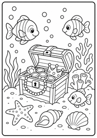 Fische schwimmen um eine Schatztruhe mit Korallen und Seesternen. Kostenloses Sommer Ausmalbild mit klaren Konturen für Kinder.