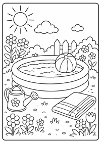 Ein Planschbecken im Garten mit Ball, Gieskanne und Blumen. Kostenloses Sommer Ausmalbild mit klaren Konturen für Kinder.