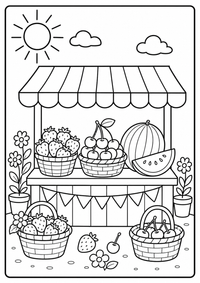 Ein Marktstand mit Beeren, Kirschen, Melone und Blumen. Kostenloses Sommer Ausmalbild mit klaren Konturen für Kinder.