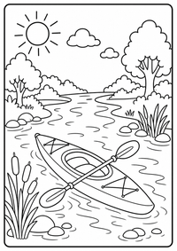 Ein Kajak gleitet durch einen Fluss mit Schilf, Steinen und Sonne. Kostenloses Sommer Ausmalbild mit klaren Konturen für Kinder.