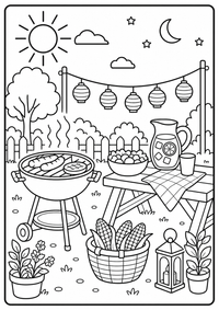 Ein Grillplatz mit Tisch, Lampions, Maiskolben und Pflanzen. Kostenloses Sommer Ausmalbild mit klaren Konturen für Kinder.