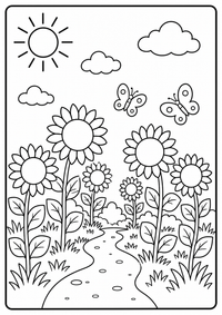 Ein Weg führt durch hohe Sonnenblumen mit Schmetterlingen. Kostenloses Sommer Ausmalbild mit klaren Konturen für Kinder.