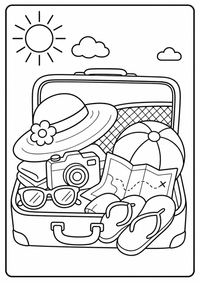 Ein gepackter Koffer mit Sonnenhut, Kamera, Karte und Strandball. Kostenloses Sommer Ausmalbild mit klaren Konturen für Kinder.