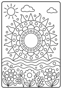 Eine große Sonne mit einfachen Mustern, Strahlen, Blumen und Wellen. Kostenloses Sommer Ausmalbild mit klaren Konturen für Kinder.