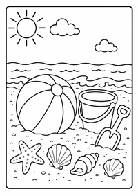 Ein Strandball liegt zwischen Eimer, Schaufel und kleinen Muscheln. Kostenloses Sommer Ausmalbild mit klaren Konturen für Kinder.