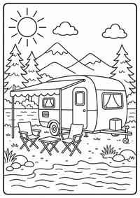 Ein Wohnwagen steht am See mit Markise, Stühlen und Tannen. Kostenloses Sommer Ausmalbild mit klaren Konturen für Kinder.