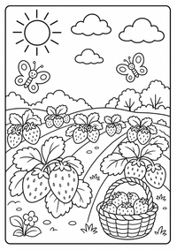Große Erdbeeren wachsen in Reihen mit Blättern und Schmetterlingen. Kostenloses Sommer Ausmalbild mit klaren Konturen für Kinder.