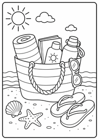 Eine Tasche mit Handtuch, Buch, Creme, Flasche und Sonnenbrille. Kostenloses Sommer Ausmalbild mit klaren Konturen für Kinder.