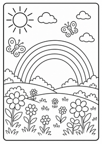 Ein Regenbogen über Wiese, Blumen, Sonne und kleinen Wolken. Kostenloses Sommer Ausmalbild mit klaren Konturen für Kinder.