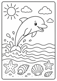 Ein Delfin springt aus den Wellen neben Sonne, Wolken und Seesternen. Kostenloses Sommer Ausmalbild mit klaren Konturen für Kinder.