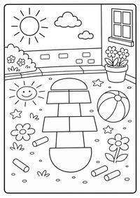 Bunte Hofkreide-Motive als Ausmalbild mit Sonne, Ball und Blumen. Kostenloses Sommer Ausmalbild mit klaren Konturen für Kinder.