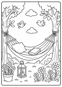 Eine Hängematte hängt zwischen Bäumen mit Buch, Blumen und Laterne. Kostenloses Sommer Ausmalbild mit klaren Konturen für Kinder.
