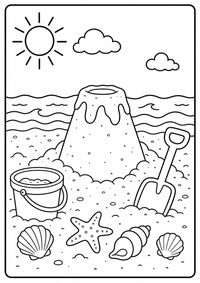 Eine Sandform als kleiner Vulkan mit Eimer, Schaufel und Wellen. Kostenloses Sommer Ausmalbild mit klaren Konturen für Kinder.