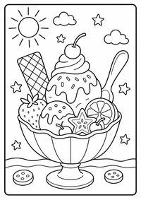 Ein großer Eisbecher mit Früchten, Waffel, Löffel und Sternen. Kostenloses Sommer Ausmalbild mit klaren Konturen für Kinder.