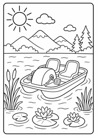 Ein Tretboot fährt an Seerosen, Schilf und Bergen vorbei. Kostenloses Sommer Ausmalbild mit klaren Konturen für Kinder.
