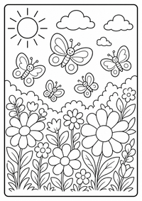 Viele Schmetterlinge fliegen zwischen großen Sommerblumen. Kostenloses Sommer Ausmalbild mit klaren Konturen für Kinder.