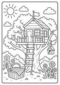 Ein Baumhaus mit Leiter, Fahne, Vogelhaus und Picknickkorb. Kostenloses Sommer Ausmalbild mit klaren Konturen für Kinder.