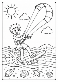 Ein Kite-Surf-Schirm fliegt über Wellen mit Brett und Sonne. Kostenloses Sommer Ausmalbild mit klaren Konturen für Kinder.