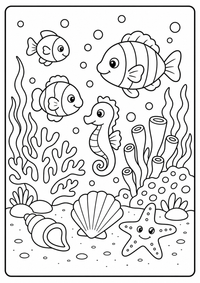Ein Korallenriff mit Fischen, Seepferdchen und Muscheln. Kostenloses Sommer Ausmalbild mit klaren Konturen für Kinder.