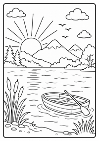 Die Sonne geht hinter Bergen auf, davor See, Boot und Gräser. Kostenloses Sommer Ausmalbild mit klaren Konturen für Kinder.