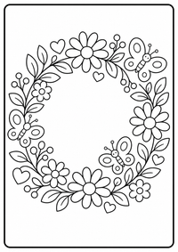 Ein runder Blumenkranz mit Blättern, Beeren und kleinen Herzen. Kostenloses Sommer Ausmalbild mit klaren Konturen für Kinder.