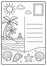 Eine Postkarte mit Sonne, Meer, Palmen, Briefmarke und Grussfeld. Kostenloses Sommer Ausmalbild mit klaren Konturen für Kinder.