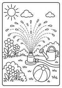 Ein Sprinkler spritzt Wasser über Rasen, Ball und Blumen. Kostenloses Sommer Ausmalbild mit klaren Konturen für Kinder.