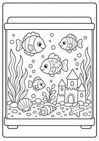 Ein Aquarium mit Fischen, Pflanzen, Muscheln und Luftblasen. Kostenloses Sommer Ausmalbild mit klaren Konturen für Kinder.