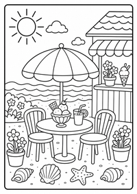 Ein kleines Strandcafe mit Tisch, Sonnenschirm, Eis und Blumen. Kostenloses Sommer Ausmalbild mit klaren Konturen für Kinder.