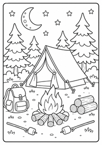 Ein Lagerfeuer brennt neben Zelt, Rucksack, Sternen und Tannen. Kostenloses Sommer Ausmalbild mit klaren Konturen für Kinder.