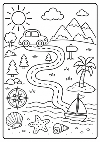 Mapa de viaje al mar es un dibujo de verano para colorear gratis, con contornos negros claros y detalles fáciles de imprimir para niños. Abre el archivo PNG, imprímelo en A4 y úsalo en casa, en el jardín de infancia o en la escuela.